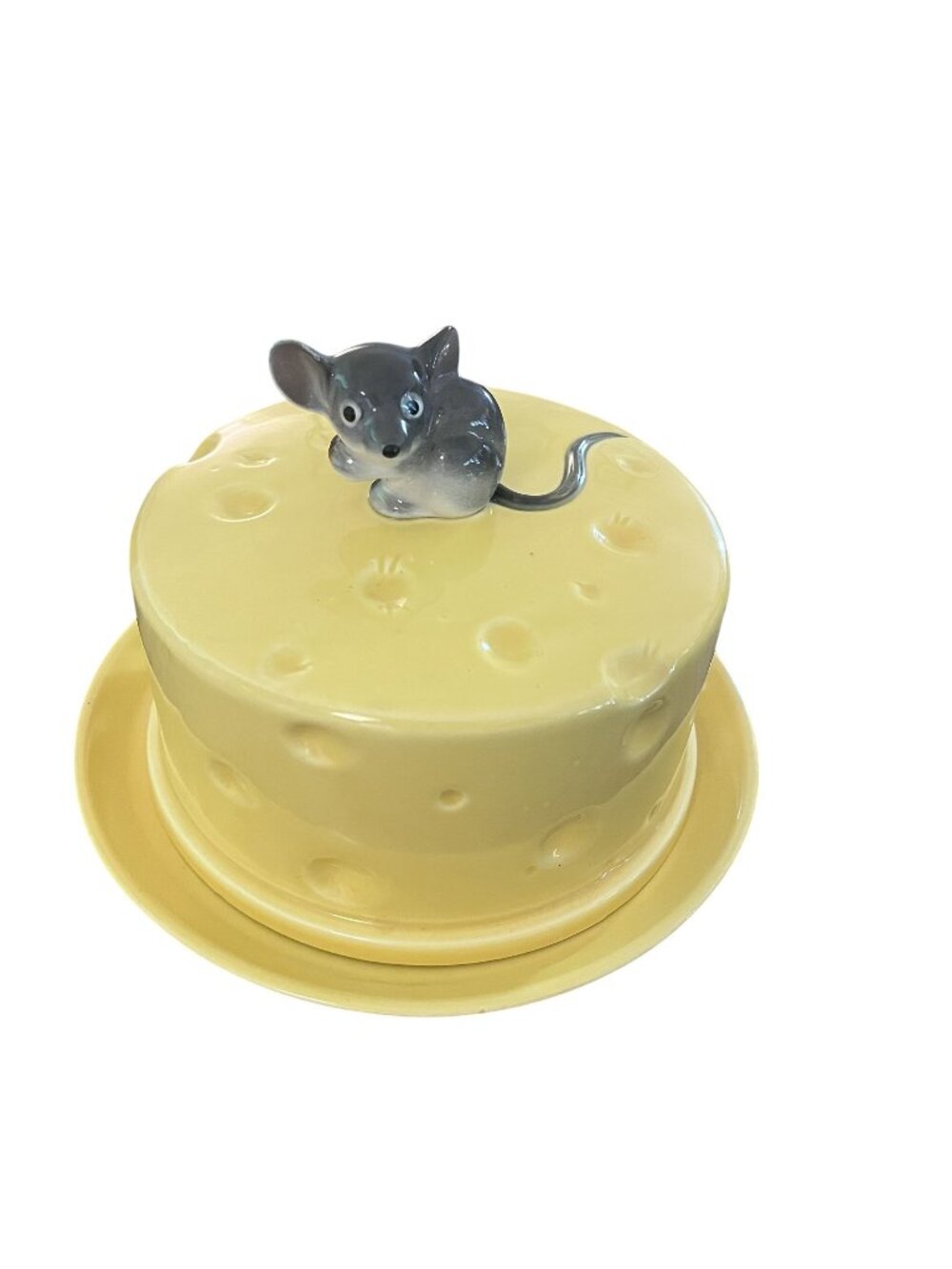 Vintage Ceramic Lefton Mouse Yellow Cheese Plate Dish With Lid